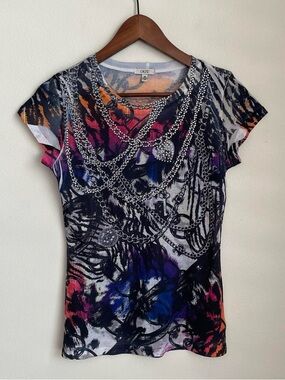 Caché Graphic Tee Medium Chain Print Rhinestones Y2K Grunge Punk Glam
